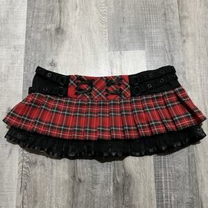 Living Dead Souls Tartan Plaid Punk Emo Rave Gothic Y2K Mini Skirt Red Lace Sz L
